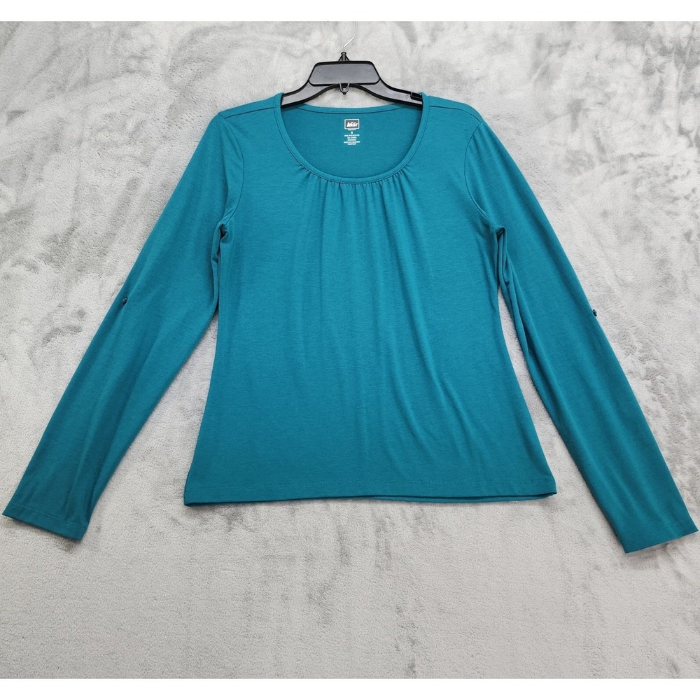 REI Top Womens S Teal Green Pleated Scoop Neck Roll Tab Long Sleeves Lightweight
